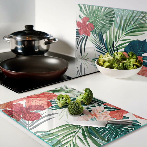 Schneidebrett Glas mit tropischem Pflanzenmotiv und Blüten