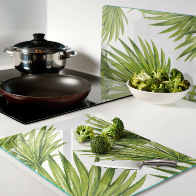 Schneidebrett Glas mit Motiv aus Palmenblättern in Grüntönen