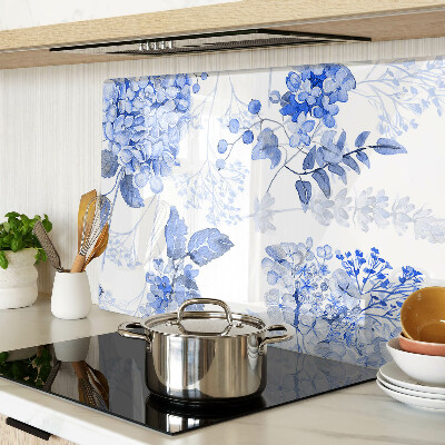 Glas-Schneidebrett mit Blumenmotiv in Blautönen