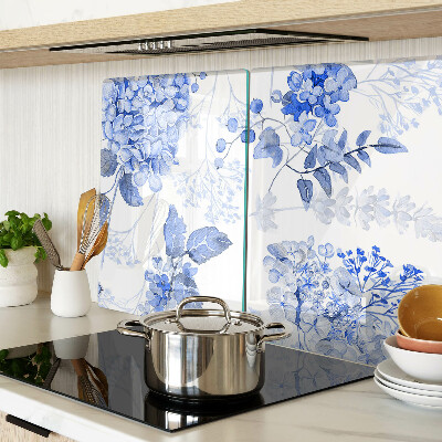 Glas-Schneidebrett mit Blumenmotiv in Blautönen