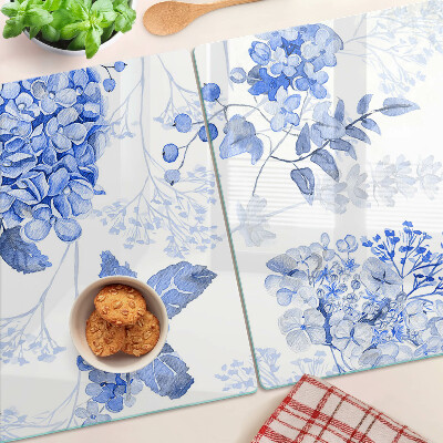 Glas-Schneidebrett mit Blumenmotiv in Blautönen