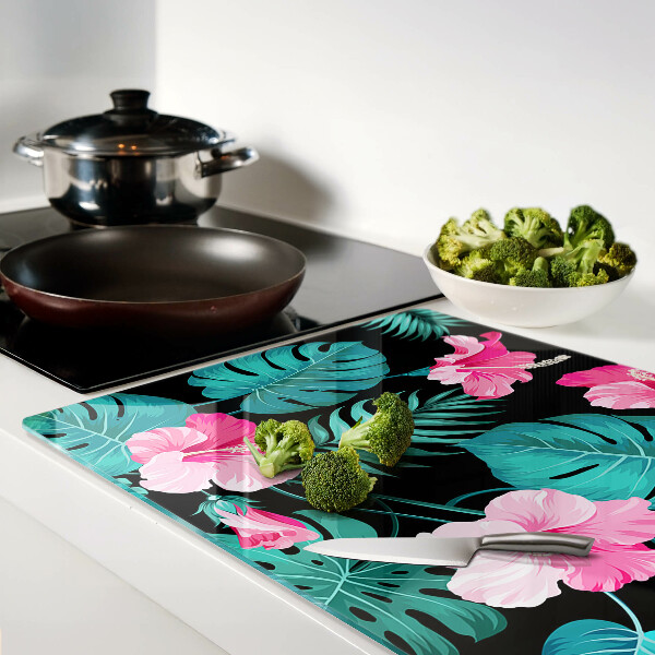 Glas-Schneidebrett mit tropischem Blumen- und Blättermotiv
