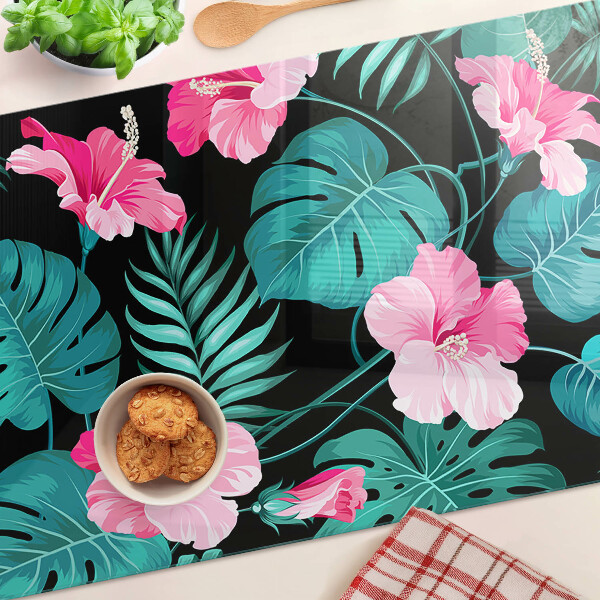 Glas-Schneidebrett mit tropischem Blumen- und Blättermotiv
