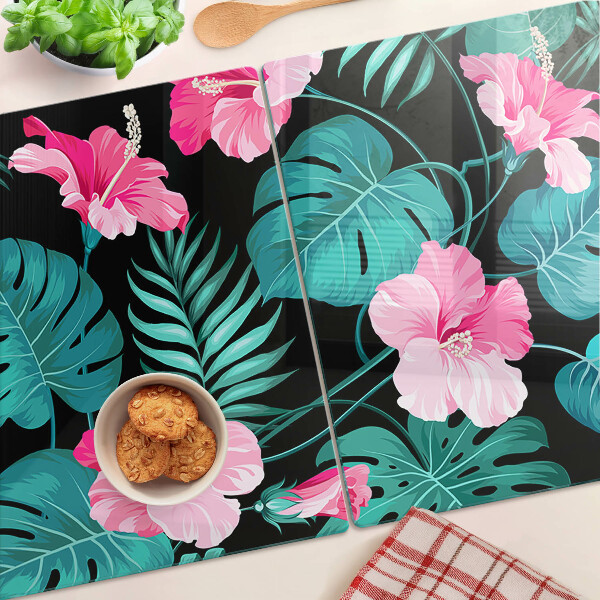 Glas-Schneidebrett mit tropischem Blumen- und Blättermotiv