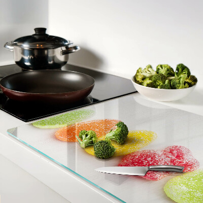 Schneidebrett Glas mit süßigkeitenmotiv in Regenbogenfarben