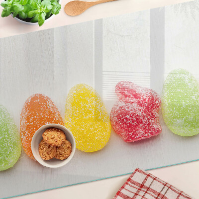 Schneidebrett Glas mit süßigkeitenmotiv in Regenbogenfarben