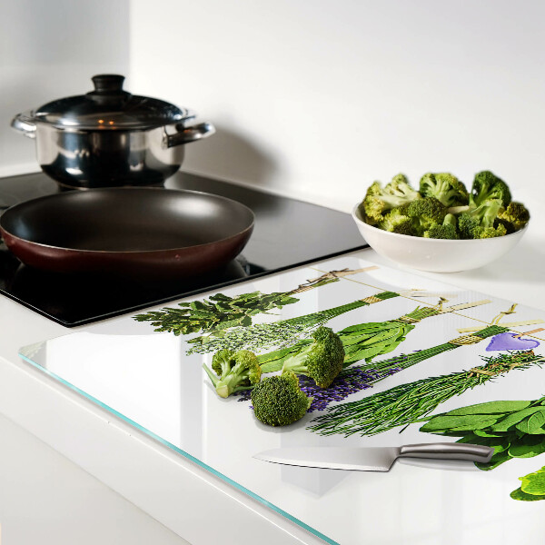 Glas Schneidebrett mit Kräutermotiv an einer Schnur