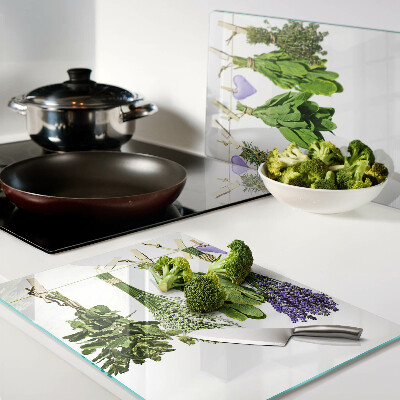 Glas Schneidebrett mit Kräutermotiv an einer Schnur