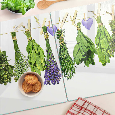 Glas Schneidebrett mit Kräutermotiv an einer Schnur