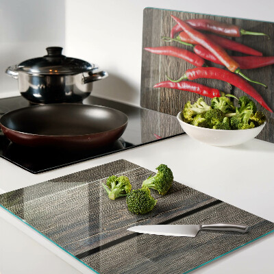 Schneidebrett Glas mit Motiv Chilischoten auf Holzgrund