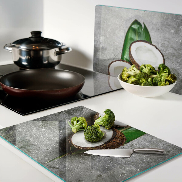 Schneidebrett Glas mit Kokosnuss-Motiv auf Betongrund