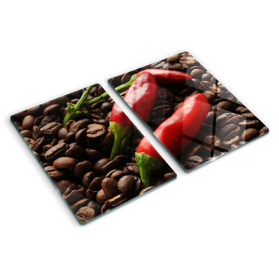 Glas schneidebrett Kaffee und Chilischoten
