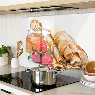 Glas Schneidebrett mit Motiv Pfannkuchen mit Honig und Erdbeeren