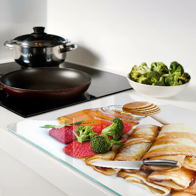 Glas Schneidebrett mit Motiv Pfannkuchen mit Honig und Erdbeeren