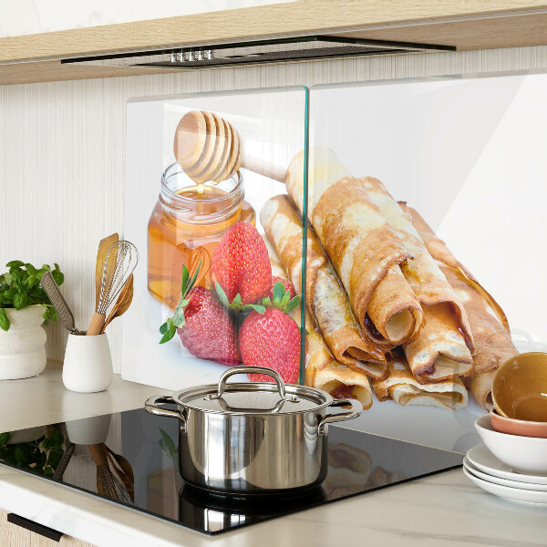 Glas Schneidebrett mit Motiv Pfannkuchen mit Honig und Erdbeeren