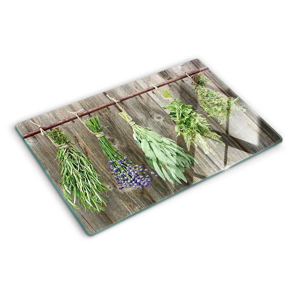 Glas-Schnittbrett mit Kräutermotiv auf Holzoptik
