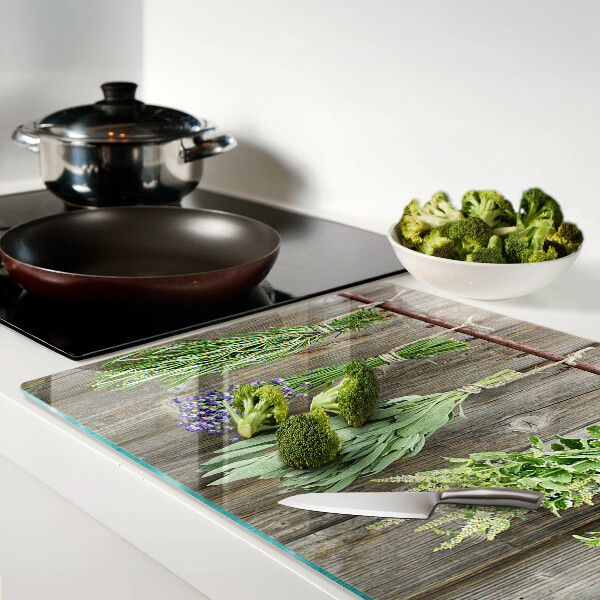 Glas-Schnittbrett mit Kräutermotiv auf Holzoptik