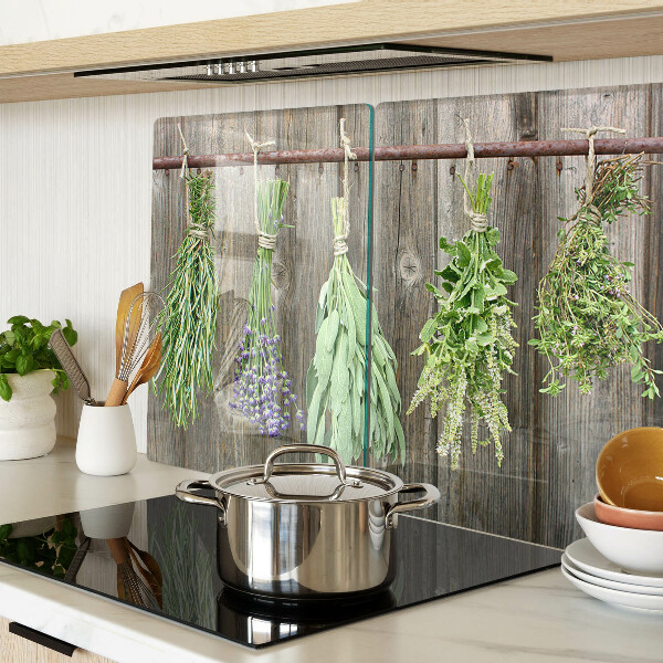 Glas-Schnittbrett mit Kräutermotiv auf Holzoptik