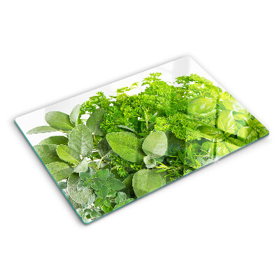 Glas-Schneidebrett mit grünem Kräuter- und Blättermotiv