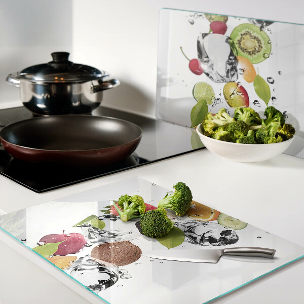 Schneidebrett Glas mit einem Motiv aus Früchten und Eis