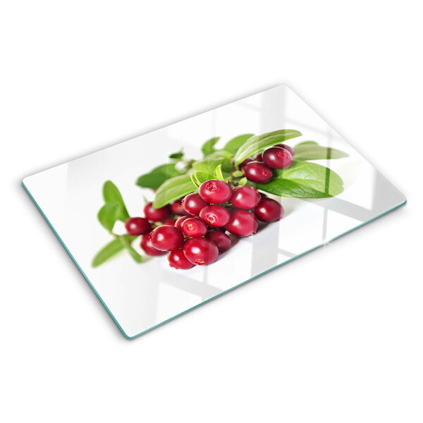 Schneidebrett Glas mit Preiselbeeren und Blättern bedruckt