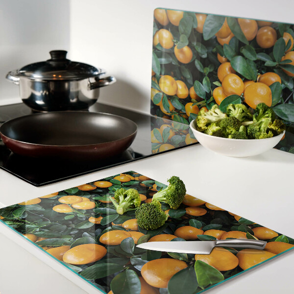 Glas Schneidebrett mit Motiv Mandarinen an den Zweigen