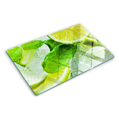 Schneidebrett Glas mit Zitronen- und Minzblatt-Motiv
