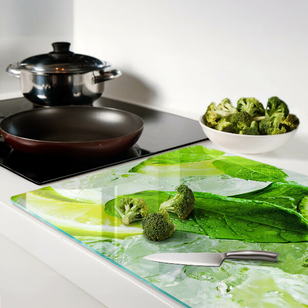 Schneidebrett Glas mit Zitronen- und Minzblatt-Motiv