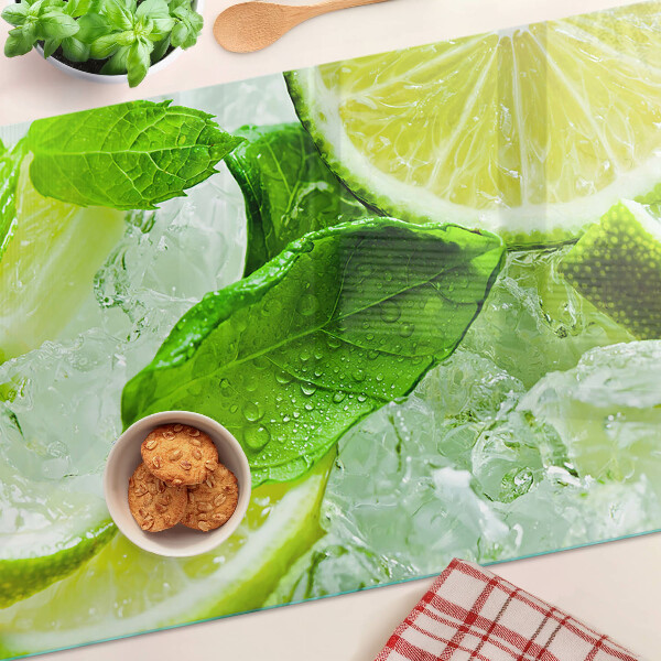 Schneidebrett Glas mit Zitronen- und Minzblatt-Motiv