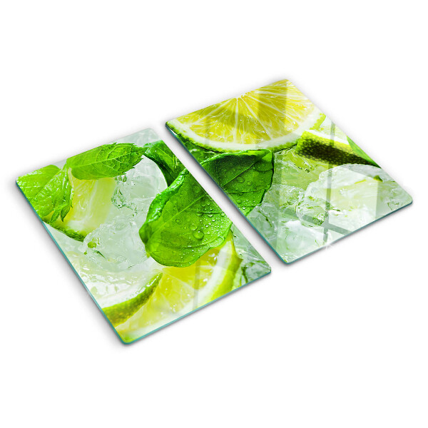 Schneidebrett Glas mit Zitronen- und Minzblatt-Motiv