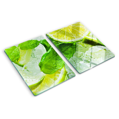 Schneidebrett Glas mit Zitronen- und Minzblatt-Motiv