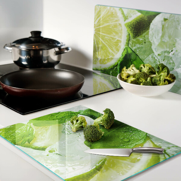 Schneidebrett Glas mit Zitronen- und Minzblatt-Motiv