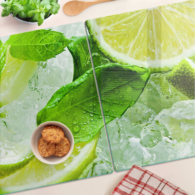 Schneidebrett Glas mit Zitronen- und Minzblatt-Motiv