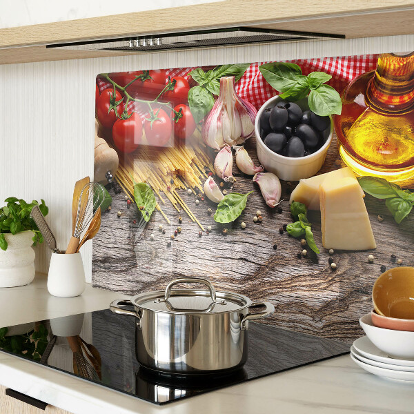 Schneidebrett Glas mit italienischem Küchenmotiv mit Pasta und Gemüse