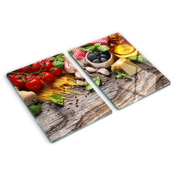 Schneidebrett Glas mit italienischem Küchenmotiv mit Pasta und Gemüse