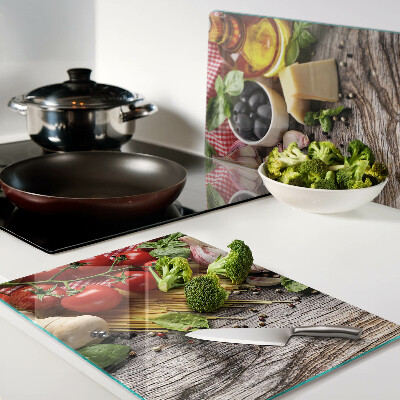 Schneidebrett Glas mit italienischem Küchenmotiv mit Pasta und Gemüse