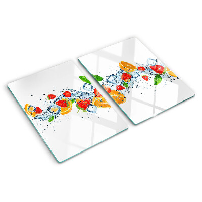 Schneidebrett mit buntem Motiv aus Früchten und Blättern