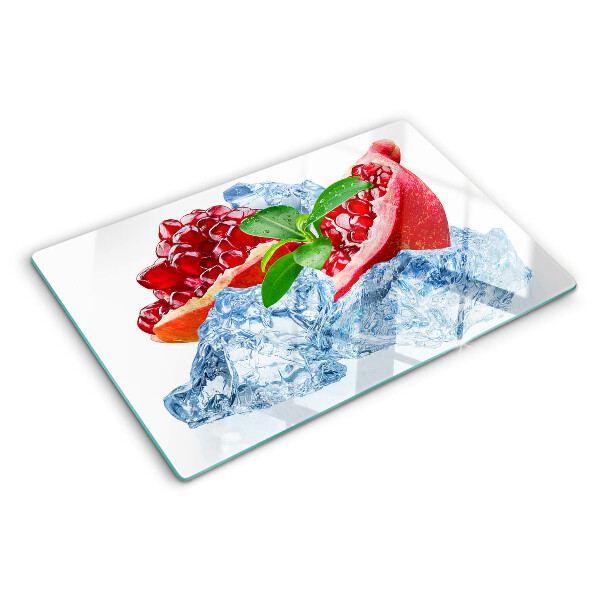 Glas-Schneidebrett mit Motiv aus Granatapfeln und Eisschollen