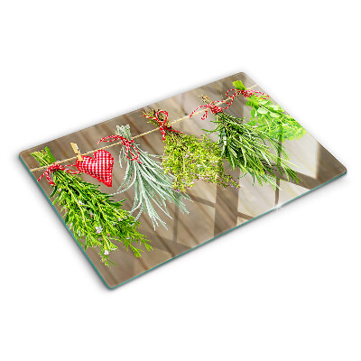 Schneidebrett Glas mit aufgedrucktem Kräutermotiv in Schnur-Optik