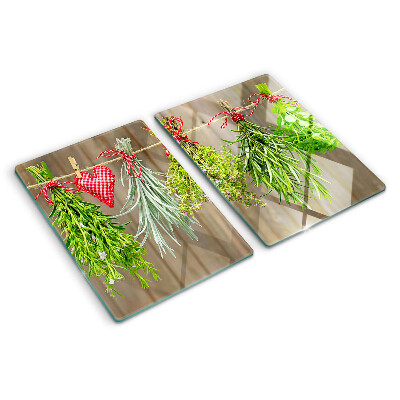 Schneidebrett glas Kräuter an einer Schnur