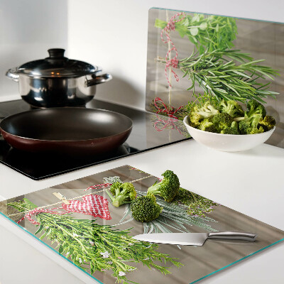 Schneidebrett Glas mit aufgedrucktem Kräutermotiv in Schnur-Optik