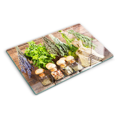 Glas-Schneidebrett mit Motiv Kräuter und Gewürze auf Holzgrund