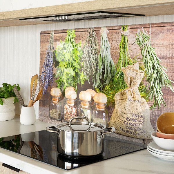 Glas-Schneidebrett mit Motiv Kräuter und Gewürze auf Holzgrund