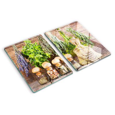 Glas-Schneidebrett mit Motiv Kräuter und Gewürze auf Holzgrund