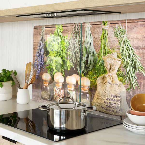 Glas-Schneidebrett mit Motiv Kräuter und Gewürze auf Holzgrund