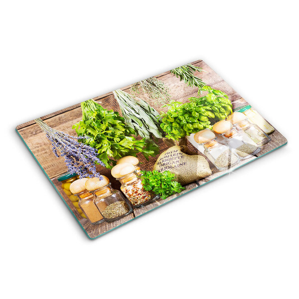 Schneidebrett mit Kräuter- und Gewürzmotiv für die Küche