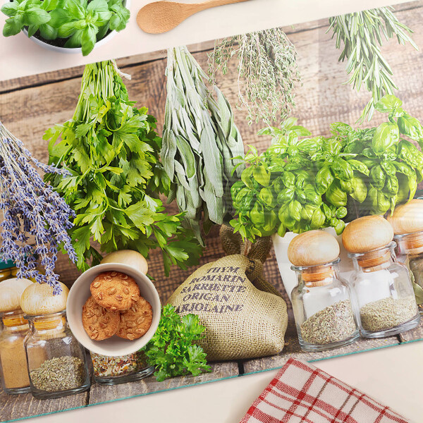 Schneidebrett mit Kräuter- und Gewürzmotiv für die Küche