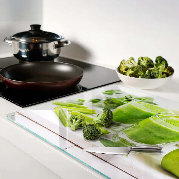 Schneidebrett Glas mit grünem Smoothie-Motiv und frischen Zutaten