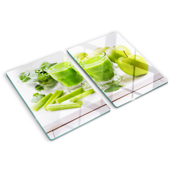 Schneidebrett Glas mit grünem Smoothie-Motiv und frischen Zutaten