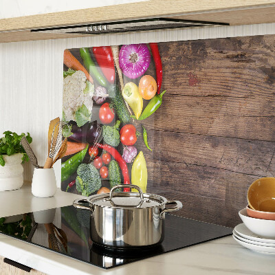 Glas-Schneidebrett mit Gemüsemotiv auf Holzoptik